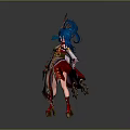 Game and Movie Character With Blue Long Hair Red Gold Outfit and Ornamental Headdress