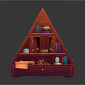 Red Triangular Furniture Shelf with Open Doors Books Small Items and Bottom Drawer