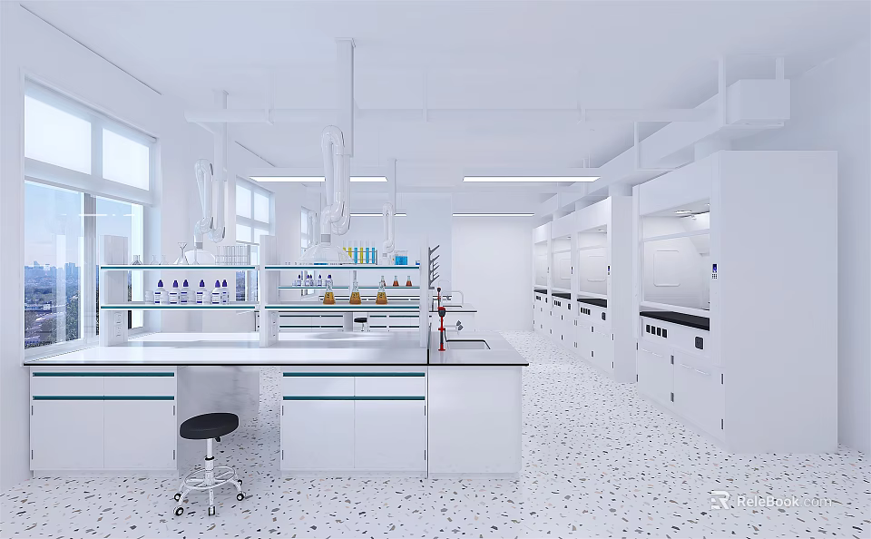 Modern Laboratory Interior With White Lab Benches Fume Hoods And Cabinets 3d model 
