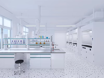 Modern Laboratory Interior With White Lab Benches Fume Hoods And Cabinets 3d model