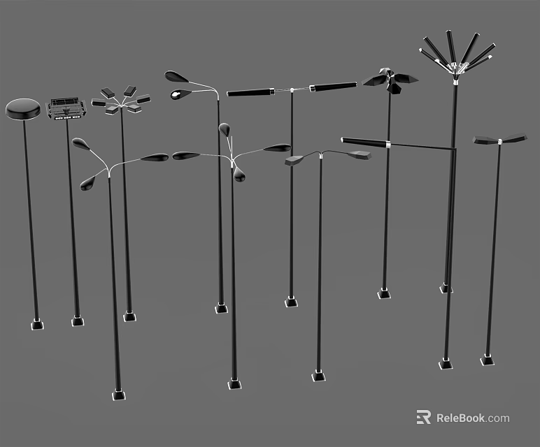 Outdoor Lights With Various Designs Different Lamp Arms And Metal Construction 3d model 