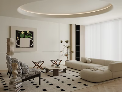 Modern Beige Sofa and Coffee Table Set with Black White Rug Wall Art and Plants 3d model