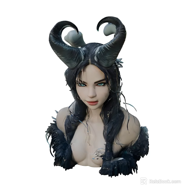 Game Movie Character With Black Horns Long Braided Hair Blue Eyes Feather And Tattoo Details 3d model 