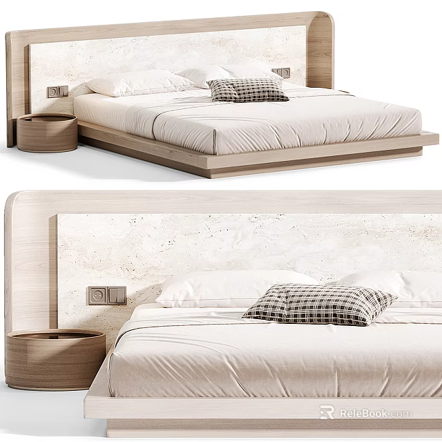 Double Bed With Wooden Headboard And Minimalist Design Featuring Pillows And Nightstand 3d model 