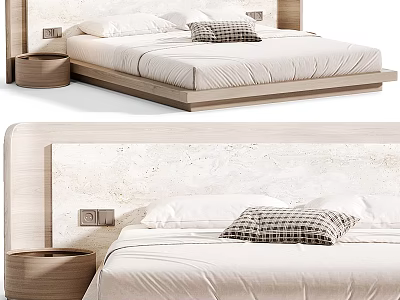 Double Bed With Wooden Headboard And Minimalist Design Featuring Pillows And Nightstand 3d model