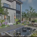 Modern Courtyard Garden With Water Fountain Purple Flowers Green Plants And Outdoor Seating