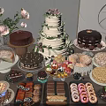 Assorted Desserts Display With Multi Tier Cake Chocolate Treats And Fresh Flowers