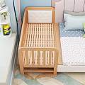Wooden Kids Bed with Gray Polka Dot Mattress Blue Pillow and Yellow Step in Room