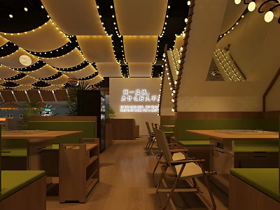 Modern Hot Pot Restaurant Interior With Green Seats Wooden Tables And Ceiling Lights 3d model