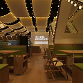 Modern Hot Pot Restaurant Interior With Green Seats Wooden Tables And Ceiling Lights