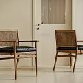 Wooden Frame Dining Chairs With Rattan Backrest And Black Padded Seat