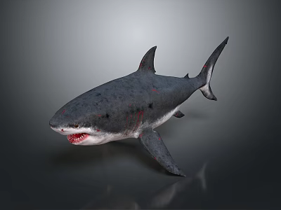 Aquatic Animal Shark With Open Mouth Sharp Teeth Gray Body And Bloodstains On Gray Background 3d model
