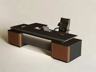 Stylish Modern Office Desk Featuring Black Top Brown Cabinets Laptop And Leather Chair 3d model