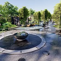 Modern Garden Landscape Design With Tall Trees Bamboo Circular Water Features And Paved Walkways