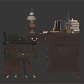 Vintage Wooden Desk and Chair with Stacked Books Table Lamp and Ink Bottle