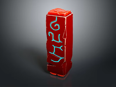 Red Pillar With Blue Intricate Patterns And Cracked Texture On Gray Background 3d model
