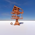 Rustic Wooden Tower With Multiple Platforms Stairs Swing And Thatched Roof 3d model