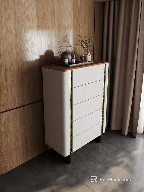 Modern Chest of Drawers with Upholstered Front Gold Accents Wooden Tray Teapot Plant on Top 3d model 