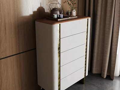 Modern Chest of Drawers with Upholstered Front Gold Accents Wooden Tray Teapot Plant on Top 3d model