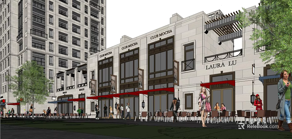 Modern Commercial Street With Coffee Shop Club Storefronts Outdoor Seating And Pedestrians 3d model 