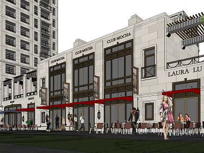 Modern Commercial Street With Coffee Shop Club Storefronts Outdoor Seating And Pedestrians 3d model