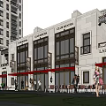 Modern Commercial Street With Coffee Shop Club Storefronts Outdoor Seating And Pedestrians