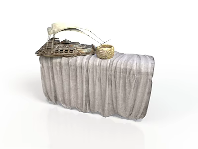 Gray Cloth Covered Table With Decorative Sailboat Model And Woven Basket 3d model