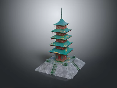 Cartoon Style Five Story Pagoda With Green Roofs And Red Body On Stone Base 3d model