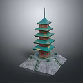 Cartoon Style Five Story Pagoda With Green Roofs And Red Body On Stone Base
