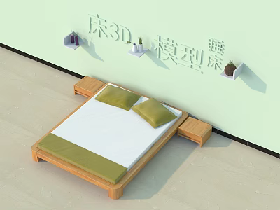 Double Bed with Wooden Frame White and Green Mattress Bedside Tables and Wall Mounted Shelves 3d model