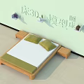 Double Bed with Wooden Frame White and Green Mattress Bedside Tables and Wall Mounted Shelves