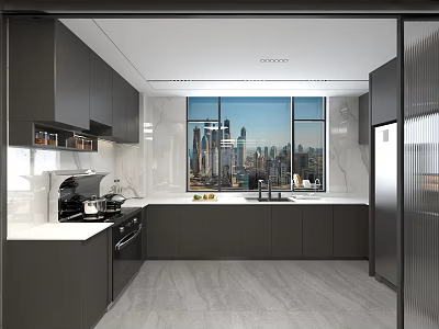 Modern Open Kitchen With Grey Cabinets Marble Countertop And City View Kitchenware 3d model