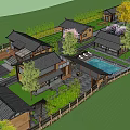 Traditional Modern Guesthouse Building With Wooden Exterior Water Pool And Landscape Trees