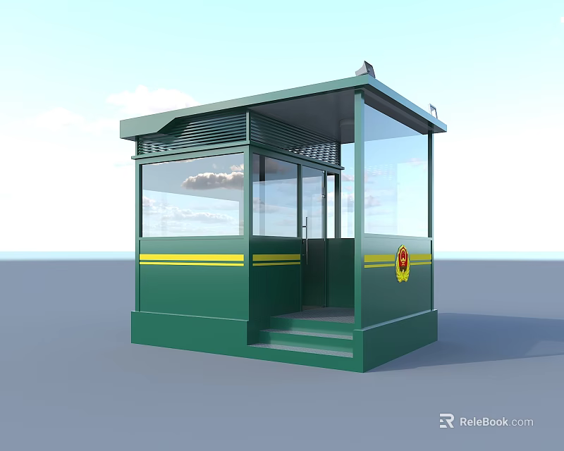 Green Security Booth With Glass Windows Yellow Stripes Badge And Steps 3d model 