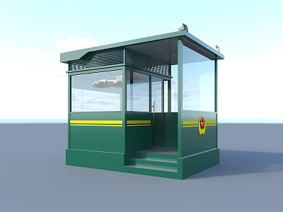 Green Security Booth With Glass Windows Yellow Stripes Badge And Steps 3d model