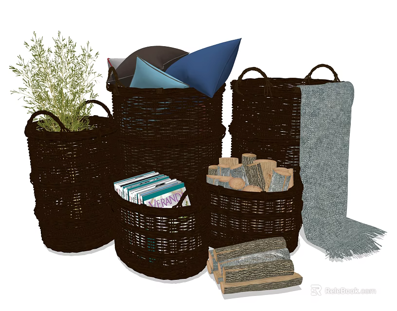 Woven Storage Baskets for Organizing Books Blankets Pillows and Plants at Home 3d model 