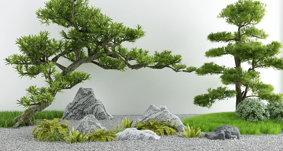 Serene Garden Design With Lush Trees Decorative Rocks Green Grass And Small Plants 3d model 