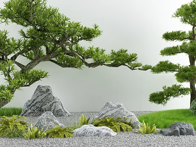 Serene Garden Design With Lush Trees Decorative Rocks Green Grass And Small Plants 3d model