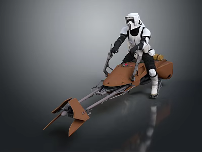 Brown Futuristic Speeder Motorcycle With Long Front Forks Ridden by White Armored Figure 3d model