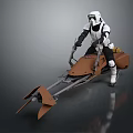 Brown Futuristic Speeder Motorcycle With Long Front Forks Ridden by White Armored Figure