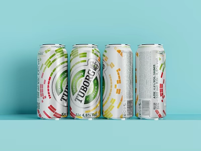 Tuborg Refreshing Beverage Cans With Colorful Striped Design On Light Blue Background 3d model