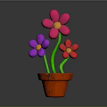 Colorful Potted Flowers In Red Pot With Pink Purple Red Petals Green Stems Yellow Centers