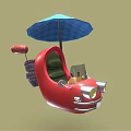 Cartoon Red Shoe Shaped Car with Blue Umbrella on Top Red Horn and Green Seats