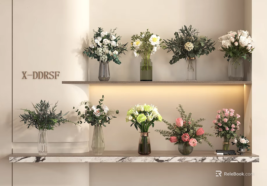 X DDRSF Lit Shelves With Flower Vases And White Pink Green Flowers On Marble Countertop 3d model 