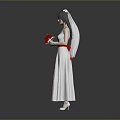 Woman in White Wedding Dress with Veil Holding Red Bouquet on Gray Background