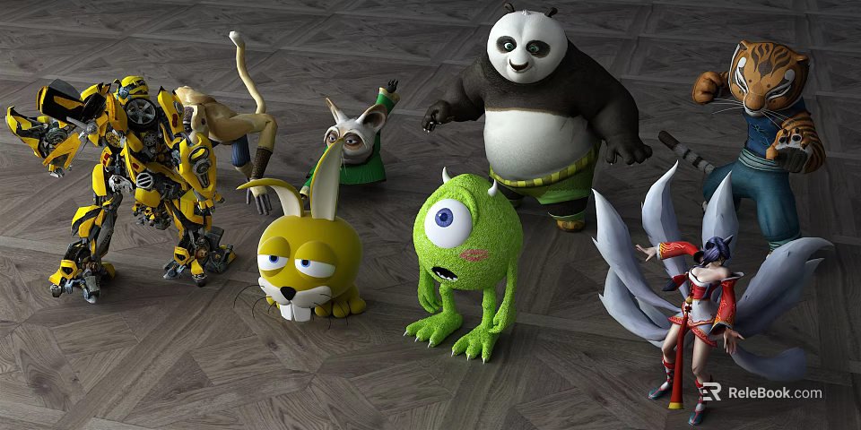 Various Colorful Game and Movie Characters Including Panda Rabbit Robot and Green Monster 3d model 