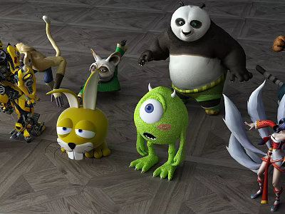 Various Colorful Game and Movie Characters Including Panda Rabbit Robot and Green Monster 3d model