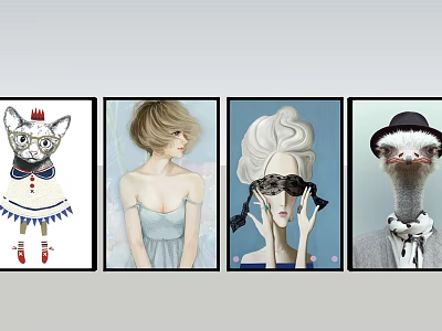 Four Piece Decorative Wall Art with Cat Woman and Ostrich Characters in Modern Style 3d model
