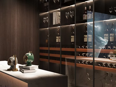 Modern Wine Cabinet With Glass Doors Wooden Shelves Wine Bottles Glasses And Lighting 3d model
