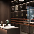 Modern Wine Cabinet With Glass Doors Wooden Shelves Wine Bottles Glasses And Lighting